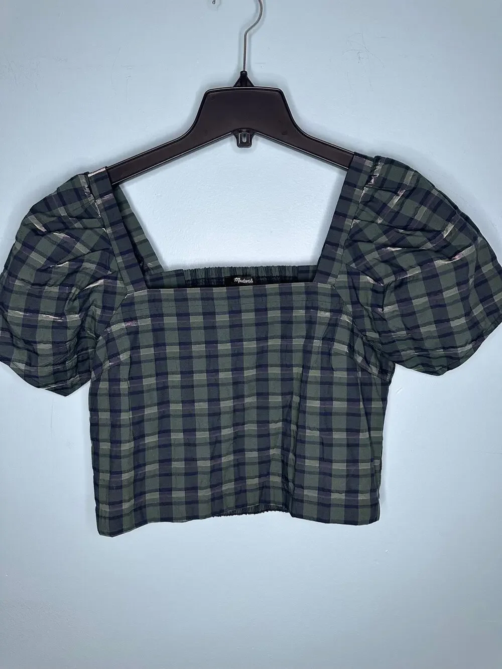Madewell Hopewell Puff-Sleeve Crop Top in Plaid square neckline smocked back S